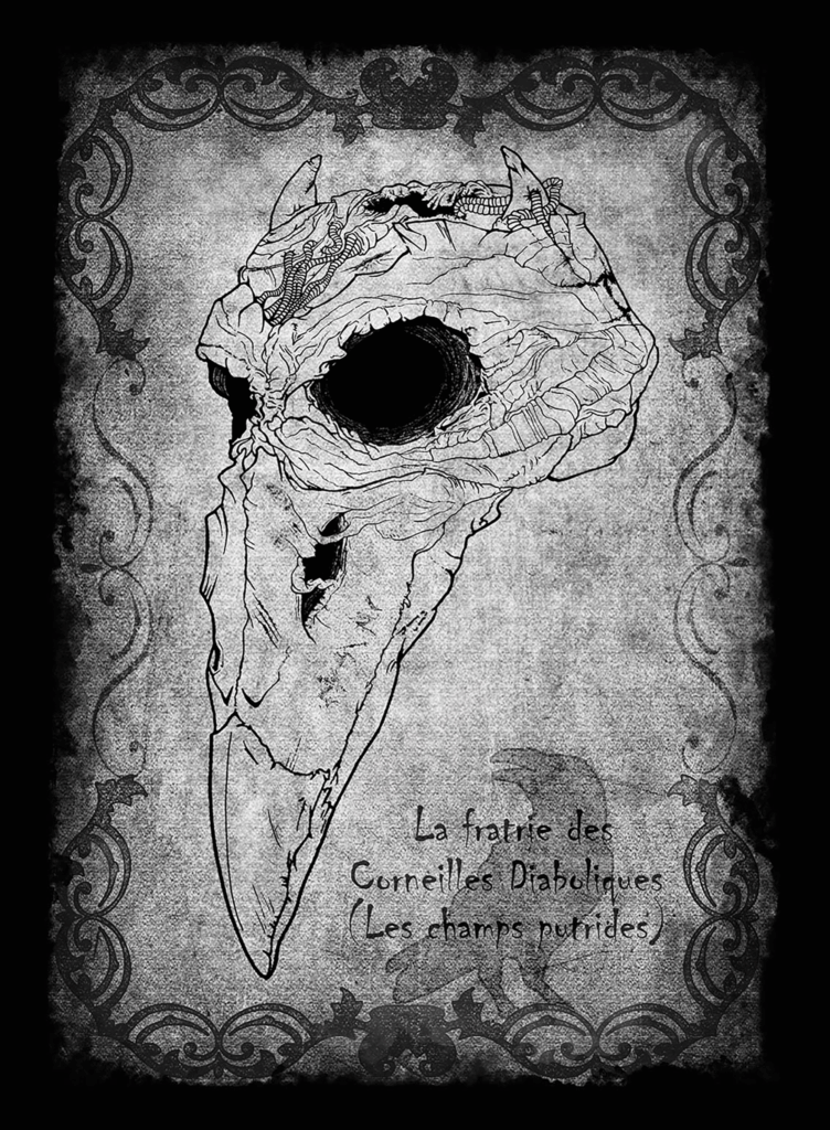 Illustration de conte inspiré d’un bestiaire apocalyptique mettant en scène les corneilles diaboliques et leur guerre mythique.