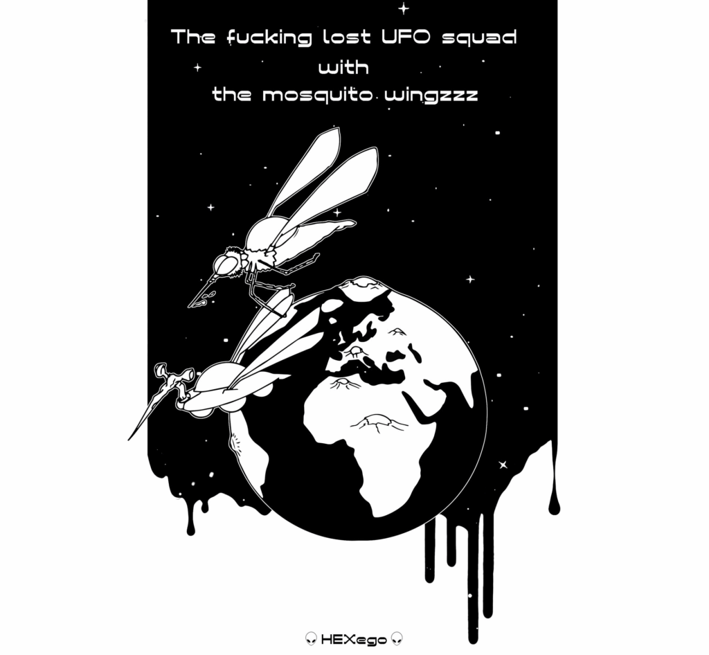 Illustration d’un moustique extraterrestre envahissant la Terre, dessin rétro inspiré par le Hellfest et la science-fiction des années 1950.