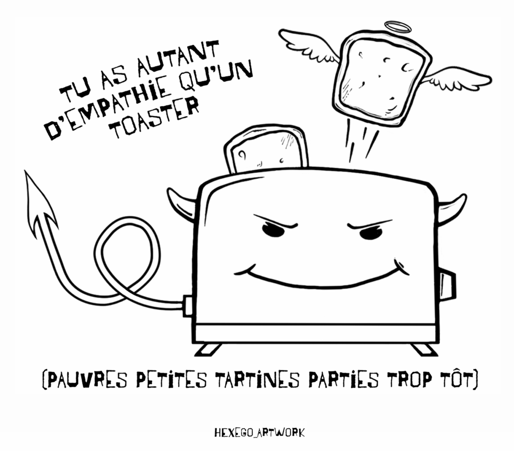 Illustration humoristique “Le Toaster Diabolique” symbolisant le management toxique et les relations professionnelles oppressives.